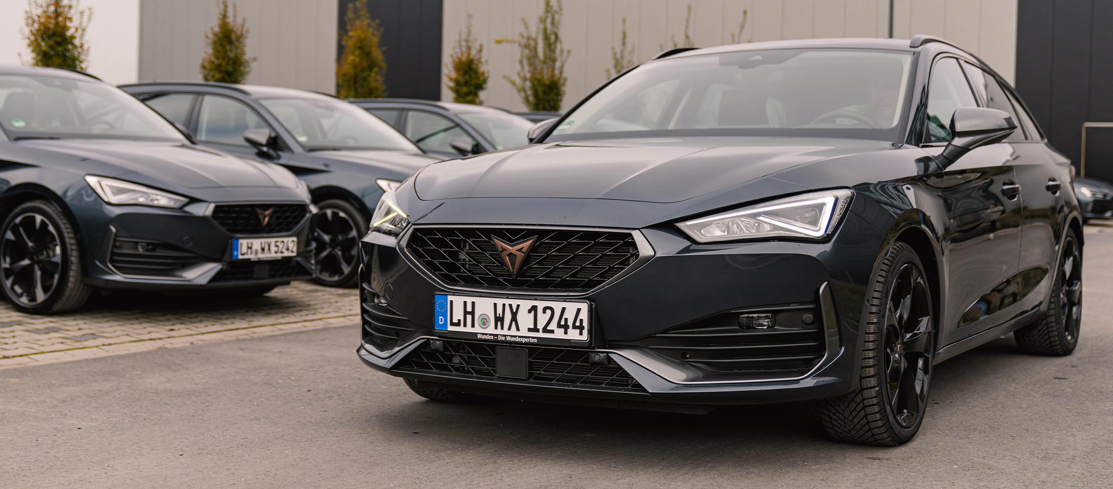Electric vehicles, company cars outside cegeka offices, trees and blue sky.