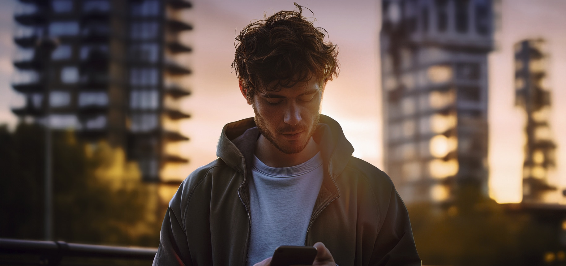 Eine Person, die in der Dämmerung in einer beleuchteten Straße steht und ein Smartphone benutzt, um die Vorteile von CUPRA Connect zu erkunden und die Ladezeiten und den Akkustand zu überprüfen.