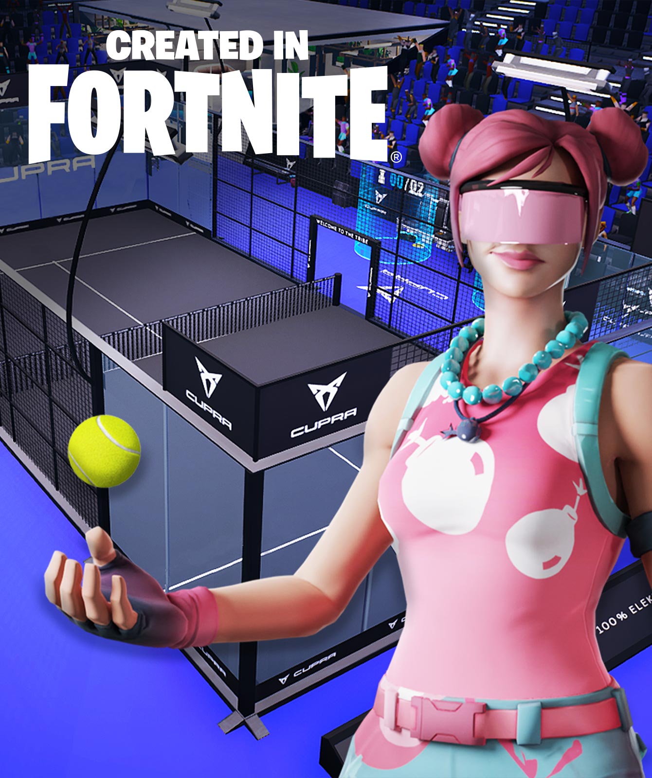 Fortnite Character jongliert Ball vor Padel Court, Fortnite Logo oben links