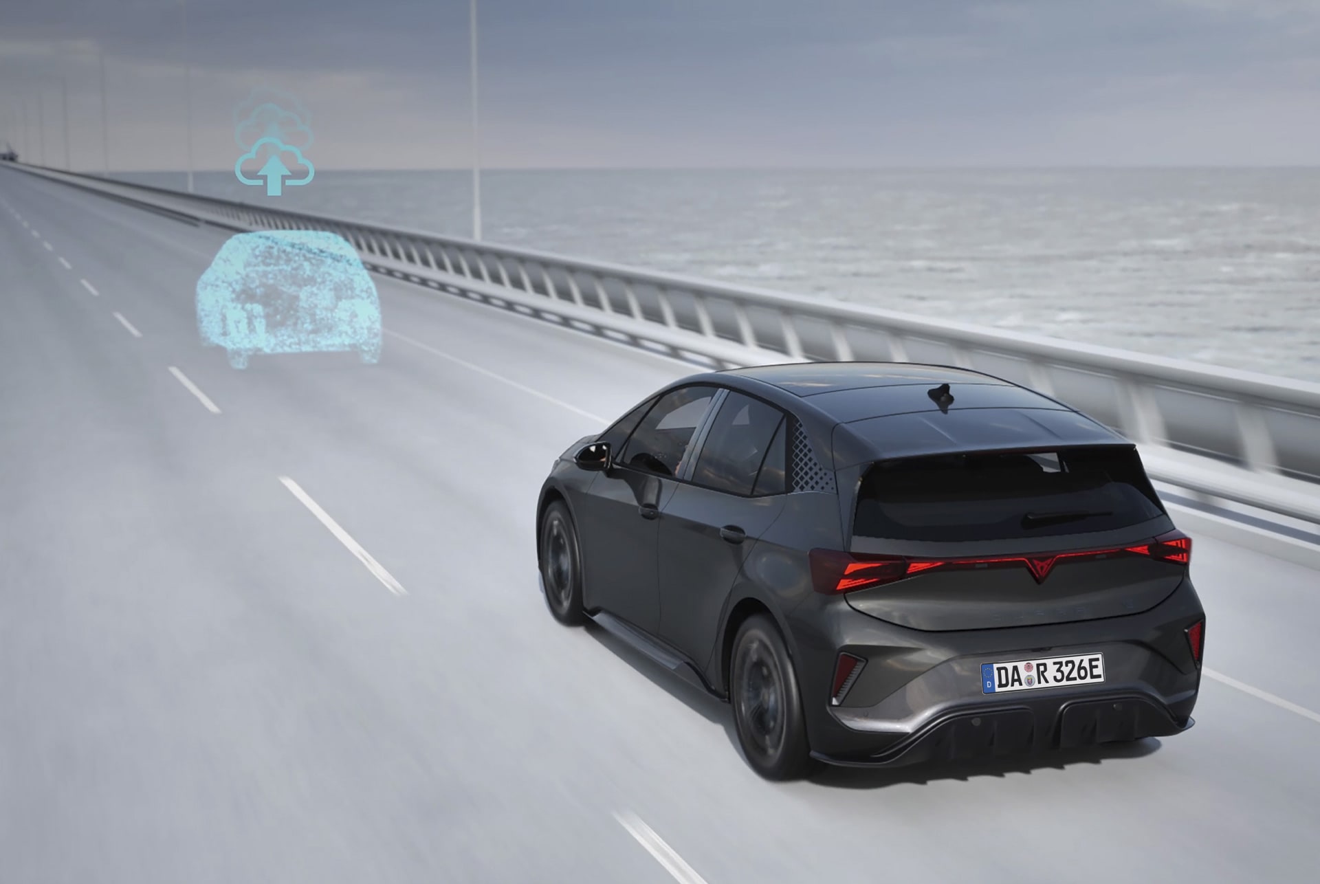 Der CUPRA Born fährt auf einer Straße und demonstriert mit Travel Assist 3.0 teilautonomes, entspanntes Fahren.