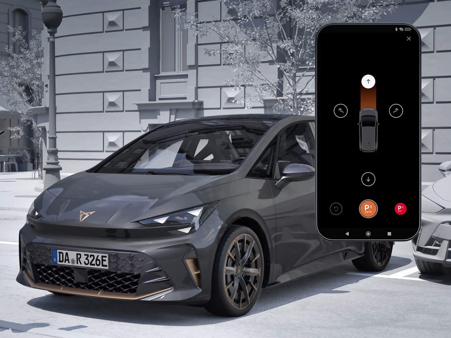 Die Front des CUPRA Born zeigt die markante Sharknose-Designsprache mit parametrisch gestalteten Stoßfängern und aerodynamischen Lufteinlässen. Die Matrix-LED-Scheinwerfer greifen die dreieckige CUPRA Lichtsignatur auf und sorgen für präzise Ausleuchtung ohne Blendung.