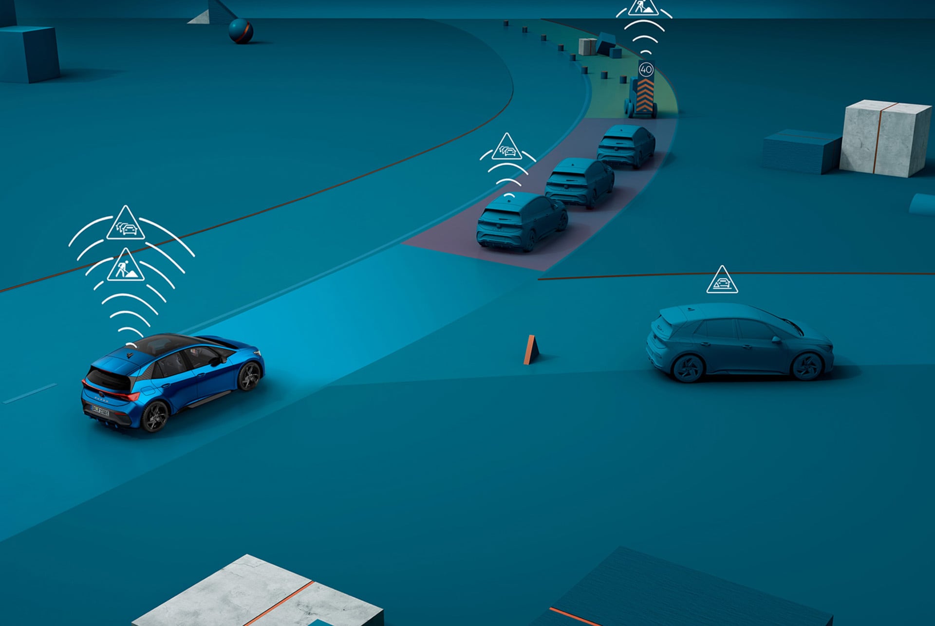CUPRA Born CAR2X Funktion durch Interaktion mit anderen Verkehrsteilnehmern auf einem abstrahierten Verkehrsmodell veranschaulicht.