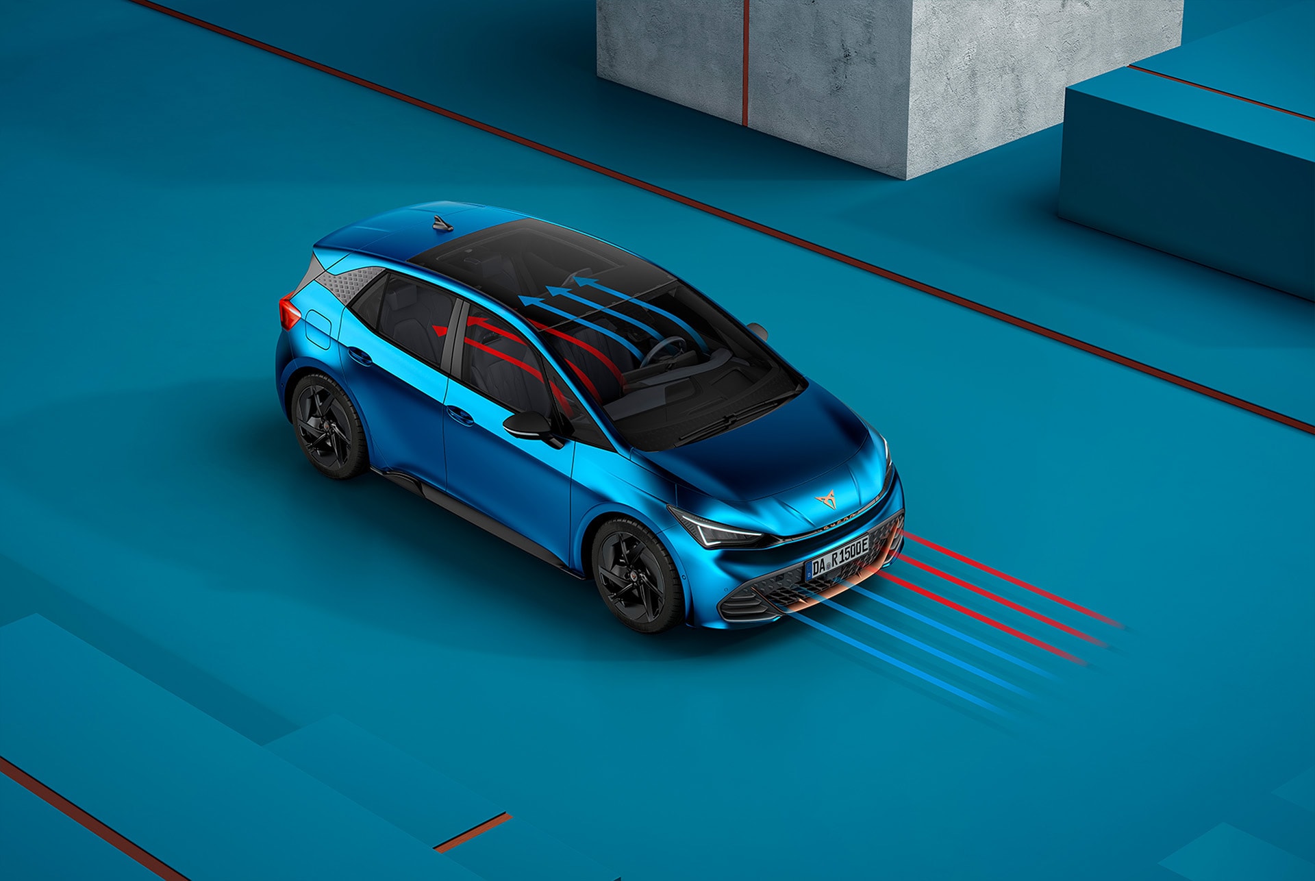 CUPRA Born in Aurora Blue mit Heat Pump, welche die Umgebungswärme nutzt, um den Fahrzeuginnenraum zu klimatisieren.