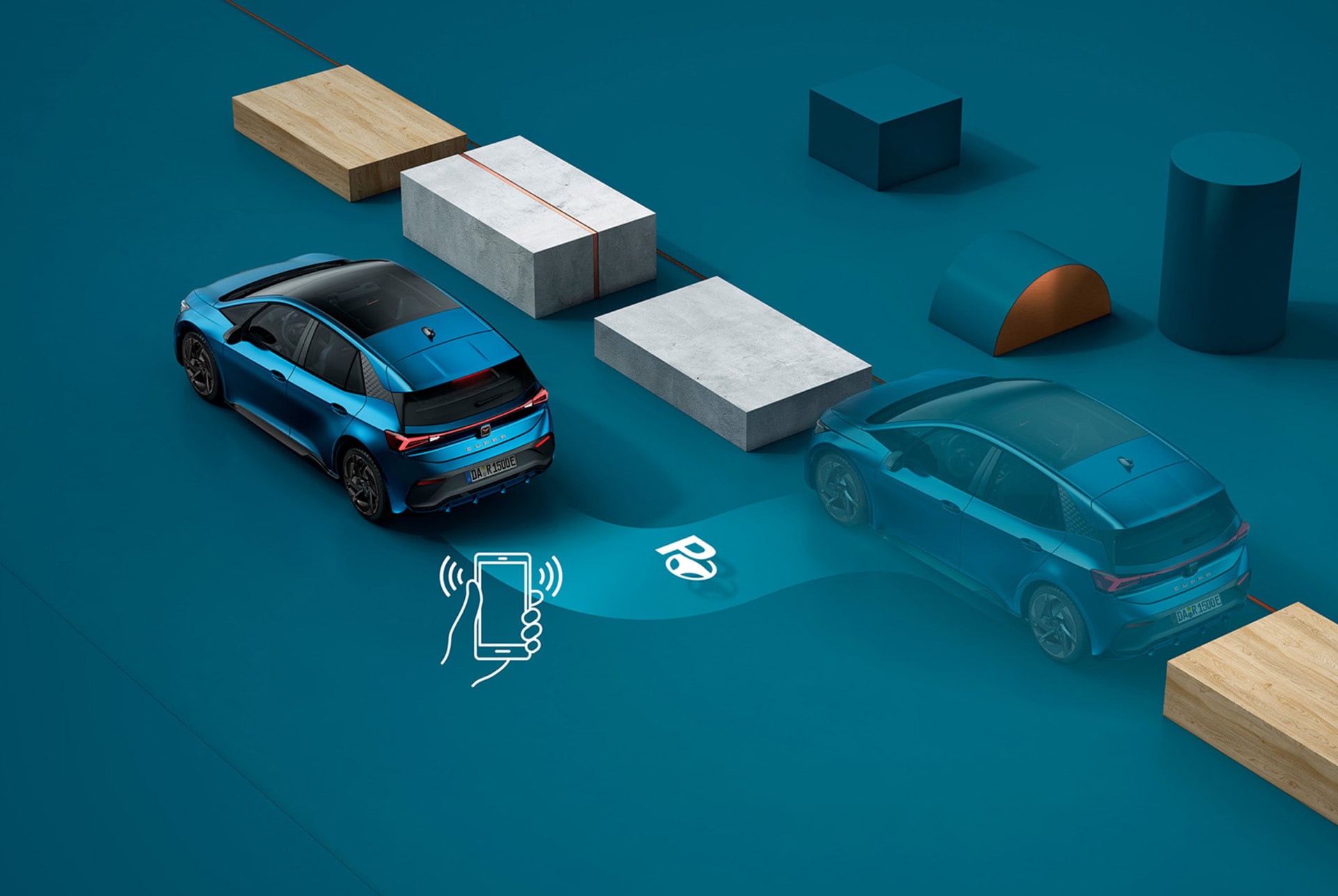 Simulation einer automatisierten Fahrsituation mit Fahrzeugen und Umgebungssensorik um das Einparken per Smartphone zu veranschaulichen.