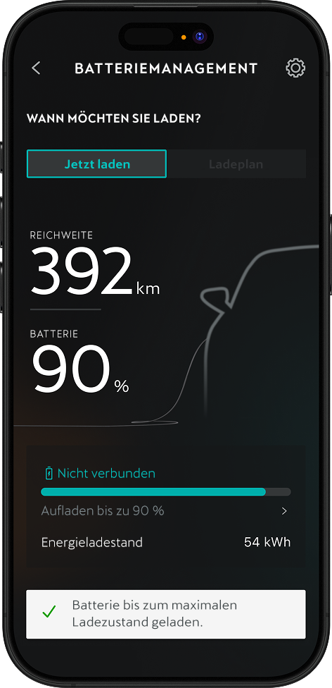 Smartphone-Display zeigt CUPRA Batteriemanagement mit aktueller Reichweite, Ladefortschritt und Auswahl ‘Jetzt laden.