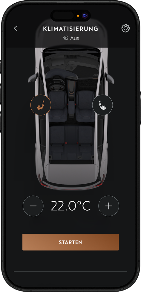 App-Ansicht der Klimasteuerung eines CUPRA Fahrzeugs mit Sitzheizung, Temperaturanzeige und Start-Taste.