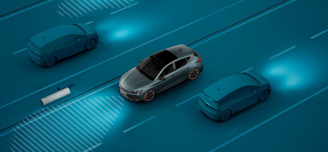Wie man die Lichtassistent-Technologie des CUPRA Leon verwendet, Demo, blauer Hintergrund.