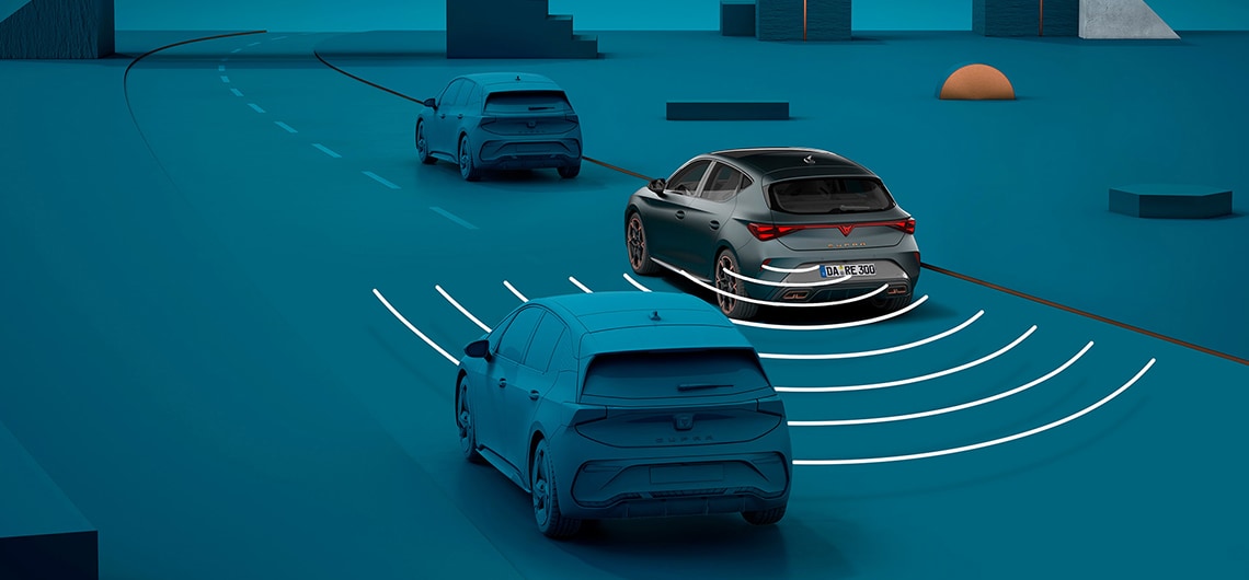 Wie man das Exit-Warning-System des CUPRA Leon verwendet, visuelle Demo mit Formen und blauem Hintergrund.