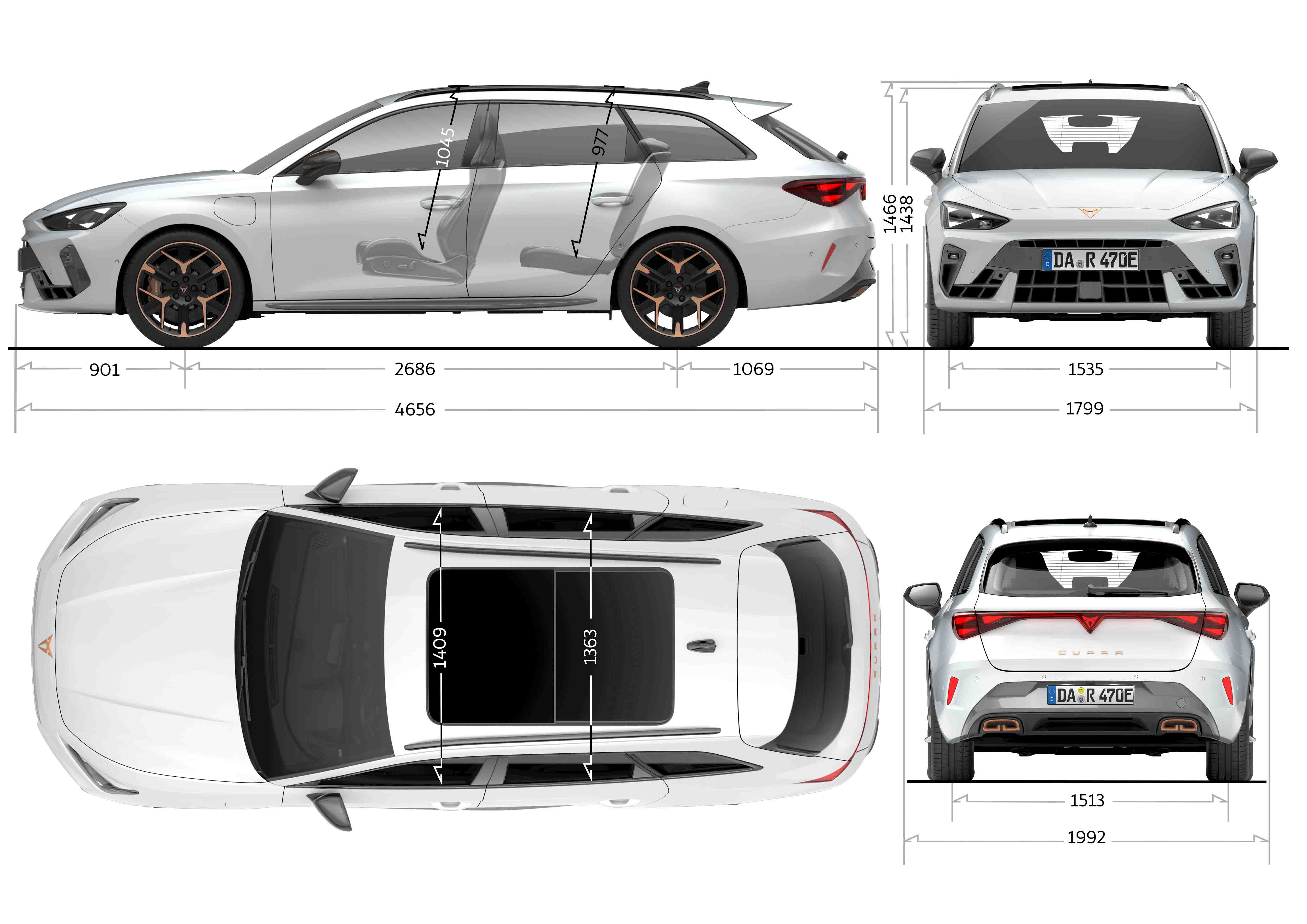 Technische Zeichnung des CUPRA Leon Sportstourer VZ Extreme mit Abmessungen inklusive Seiten-, Front-, Rück- und Draufsicht.