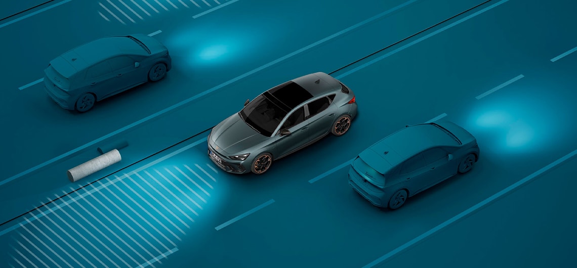 Wie man die Lichtassistent-Technologie des CUPRA Leon Sportstourer verwendet, Demo, blauer Hintergrund.