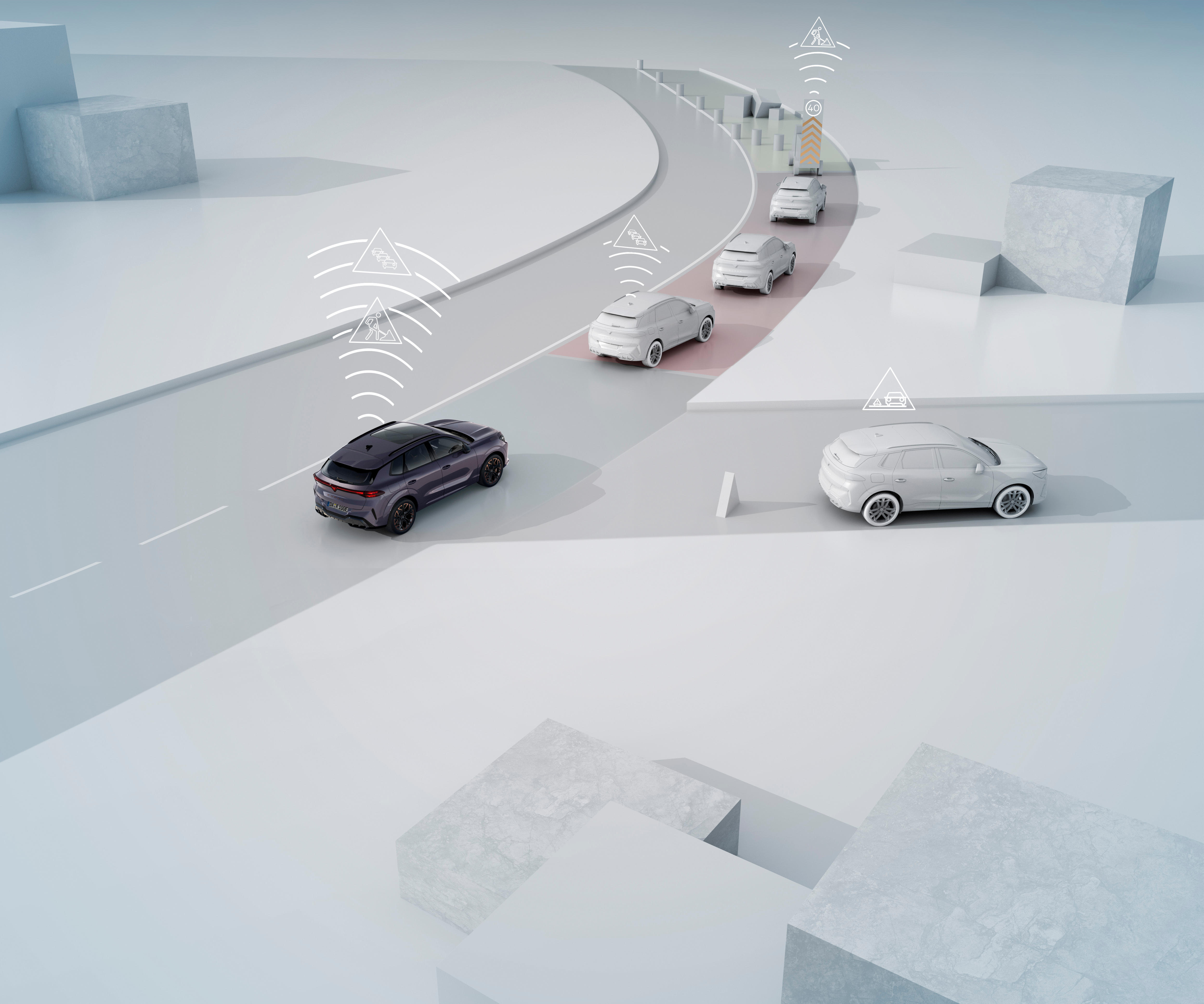 Visualisierung eines vernetzten Fahrassistenzsystems im CUPRA Terramar – das Fahrzeug erkennt Verkehrsschilder, Gefahren und andere Fahrzeuge und gibt entsprechende Warnungen über digitale Symbole weiter.