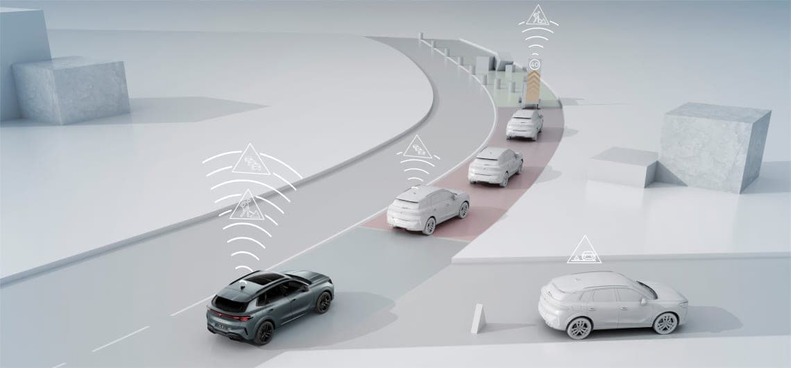 Visualisierung eines vernetzten Fahrassistenzsystems im CUPRA Terramar – das Fahrzeug erkennt Verkehrsschilder, Gefahren und andere Fahrzeuge und gibt entsprechende Warnungen über digitale Symbole weiter.