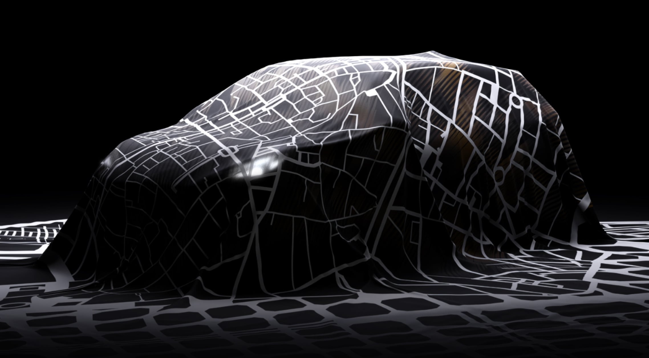 CUPRA Raval verhüllt von einer monochromatischen Plane mit der stilisierten Straßenkarte des Viertels Raval in Barcelona