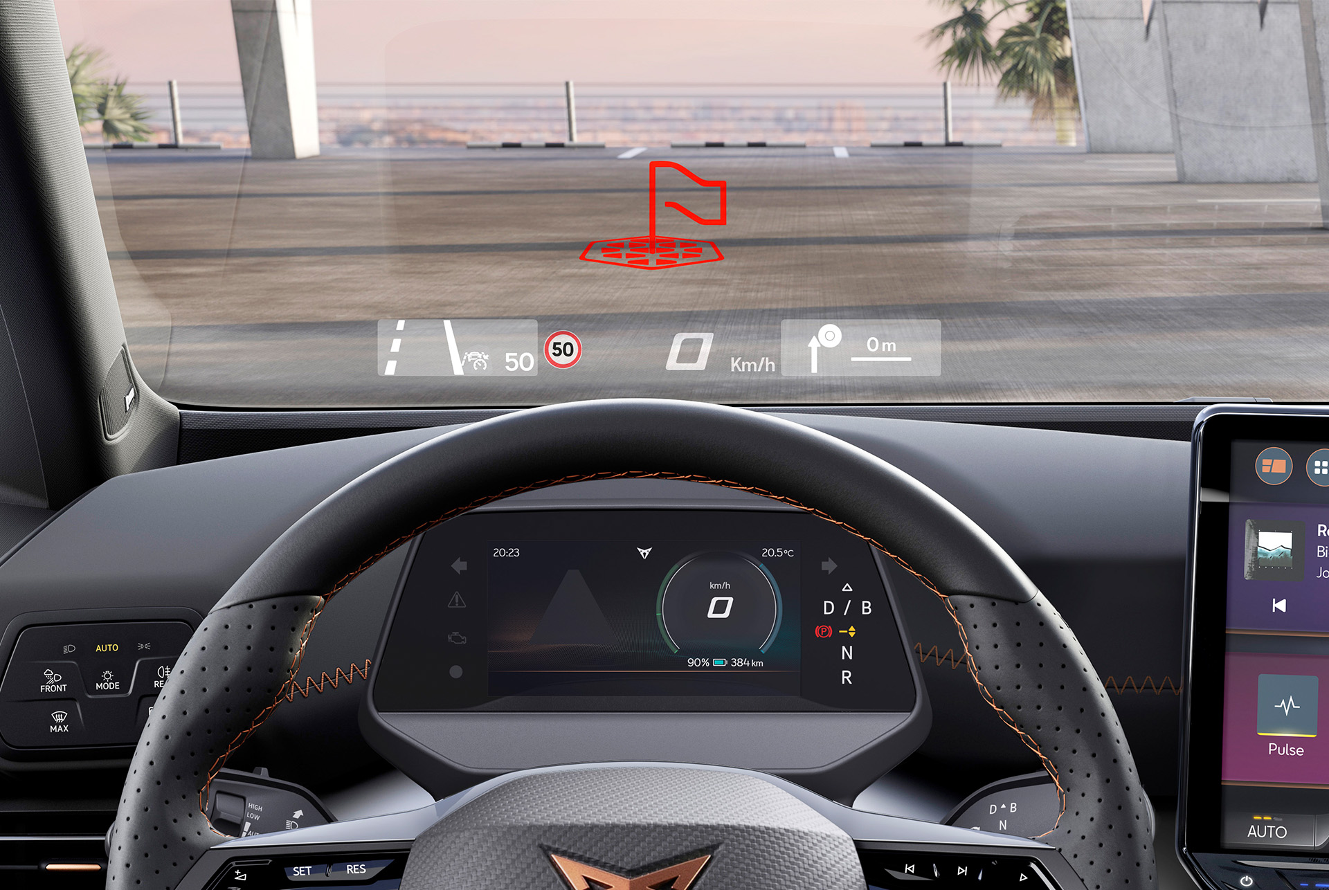 CUPRA Born Augmented-Reality-Infos auf die Windschutzscheibe projiziert.