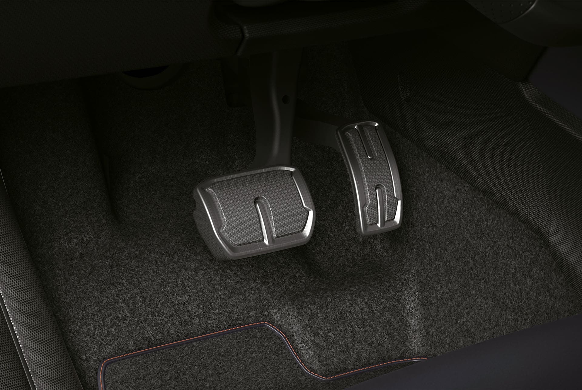 CUPRA Born Innenansicht der Pedale aus dunklem Aluminium.