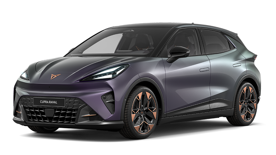 CUPRA Raval VZ-Variante in Plasma, kombiniert mit einem Dach in Manhattan Grau und 19" Vandal Copper-Leichtmetallrädern.