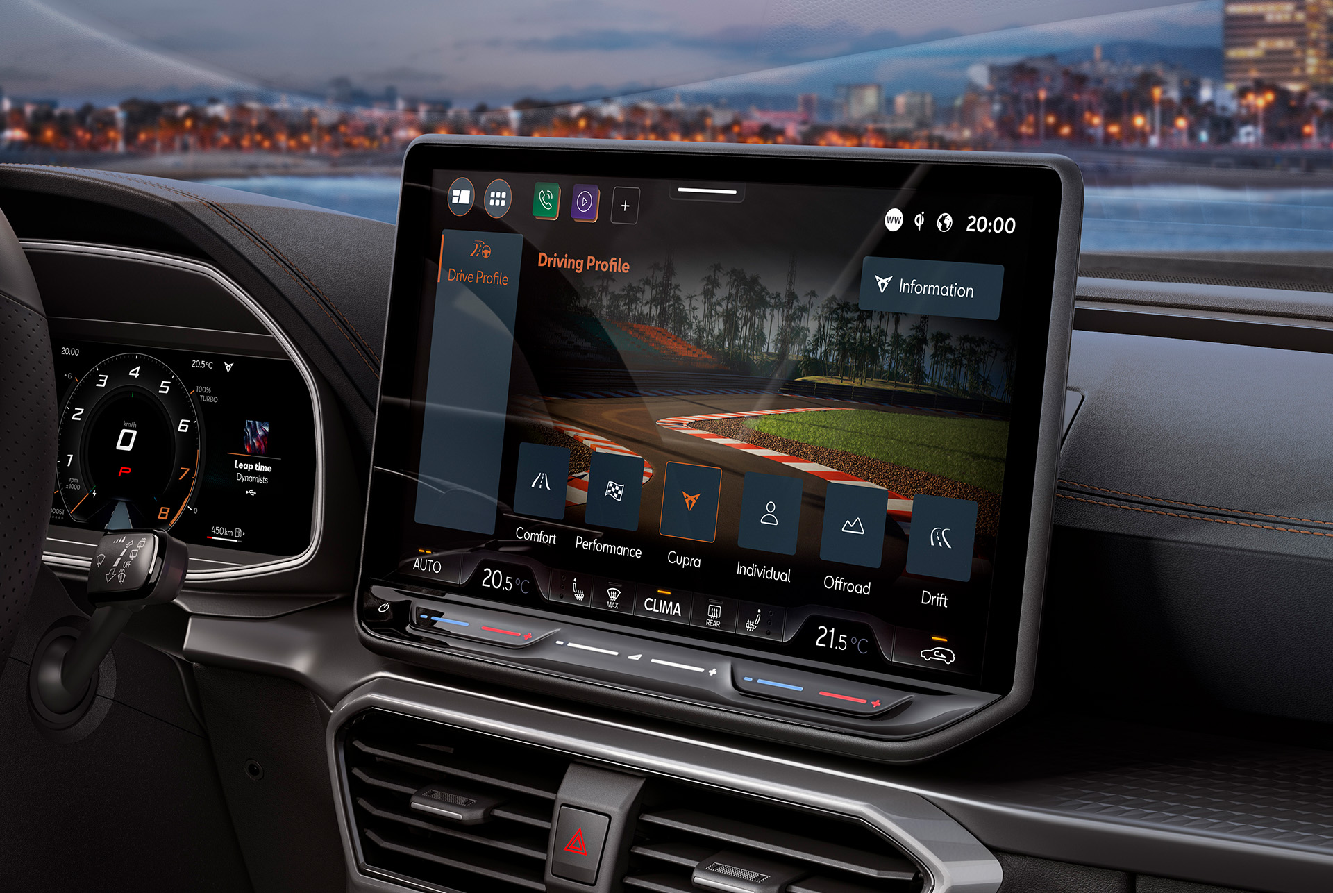 Armaturenbrettansicht des CUPRA Formentor 2025 und Skyline.