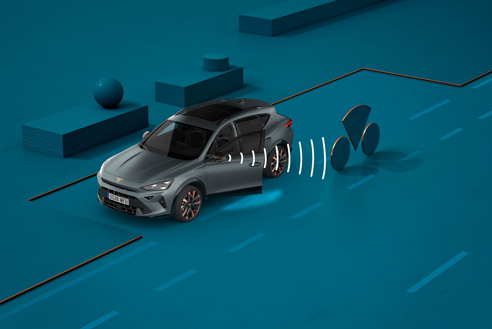 Verwendung des Spurwechsel Assistenten des CUPRA Formentor 2025, visuelle Demonstration mit Formen und blauem Hintergrund.