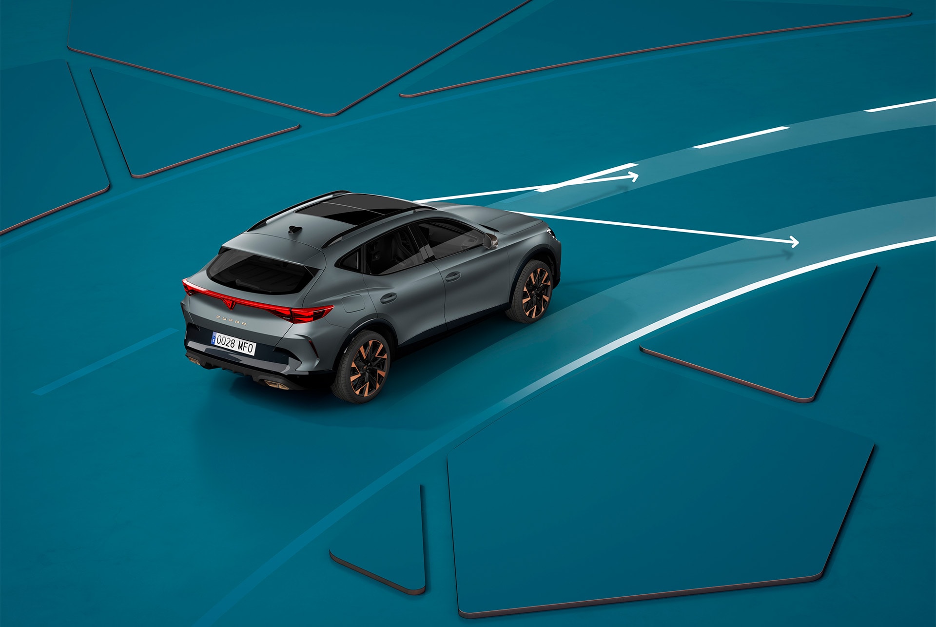 CUPRA Formentor 2025 Spurhalteassistent Plus Demo, visuelle Demonstration vor blauem Hintergrund.