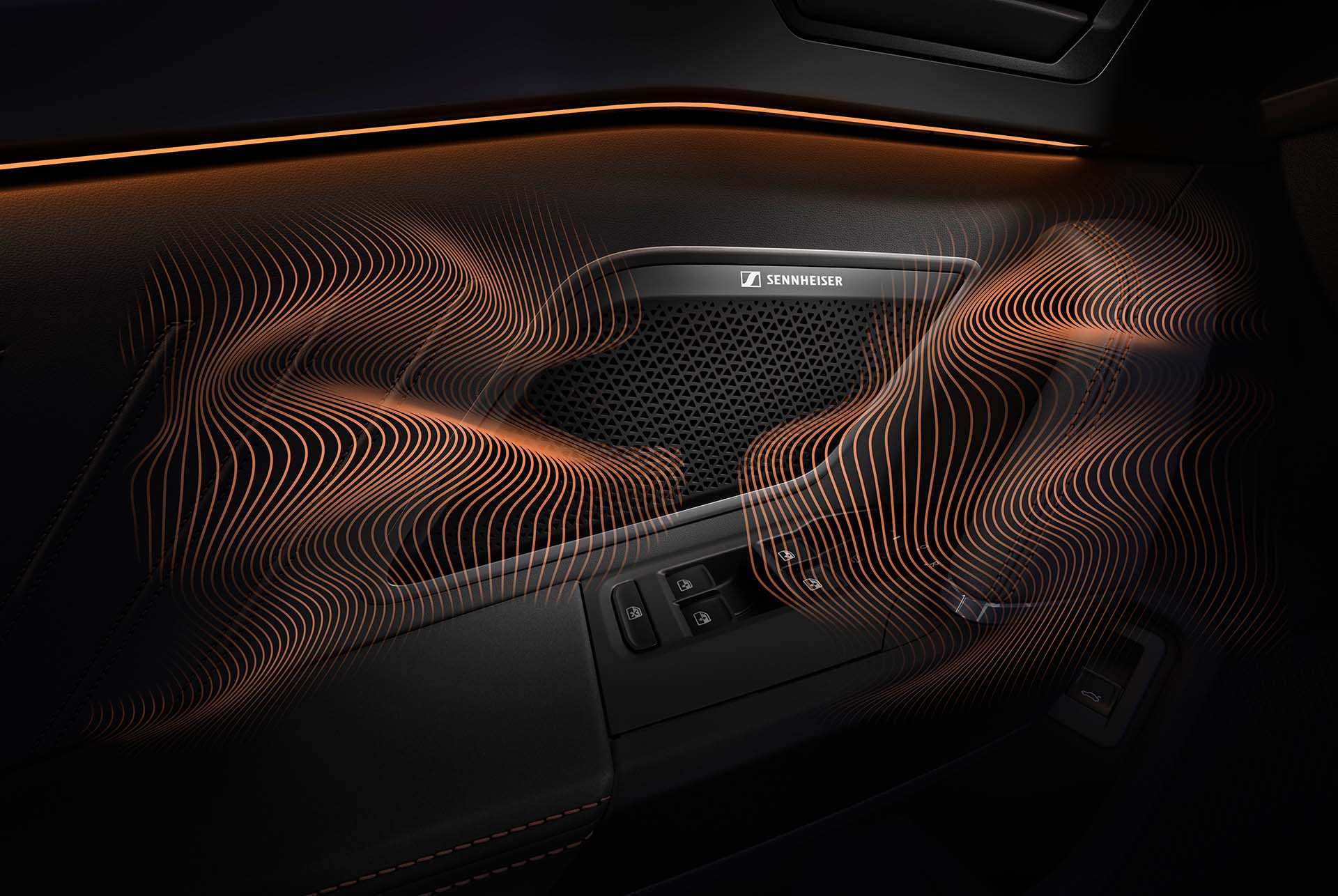 Abbildung des IMMERSIVE BY SENNHEISER™ AUDIO Audiosystems mit stilisierten Schallwellen