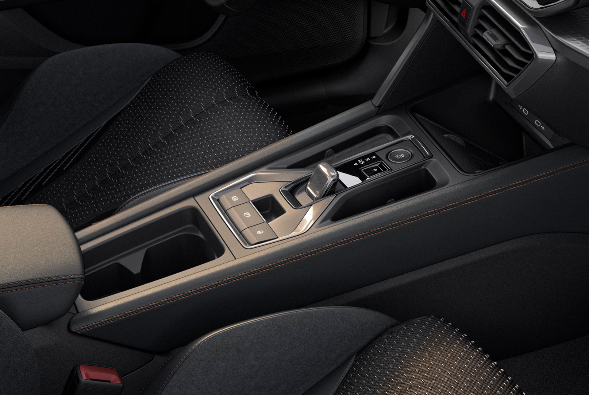Nahaufnahme der CUPRA Formentor Innenraum Mittelkonsole im Auto, Innenraumgestaltung.