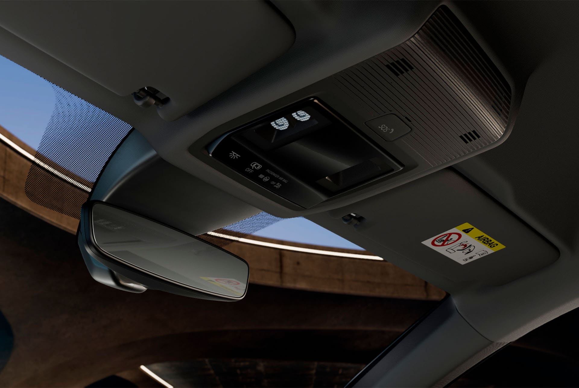 Innenansicht eines CUPRA Formentor mit Dachkonsole, Außenspiegel, LED-Innenraumbeleuchtung, verschiedenen Bedienelementen und CUPRA-Konnektivitätsfunktionen, einschließlich einer SOS-Notfalltaste.