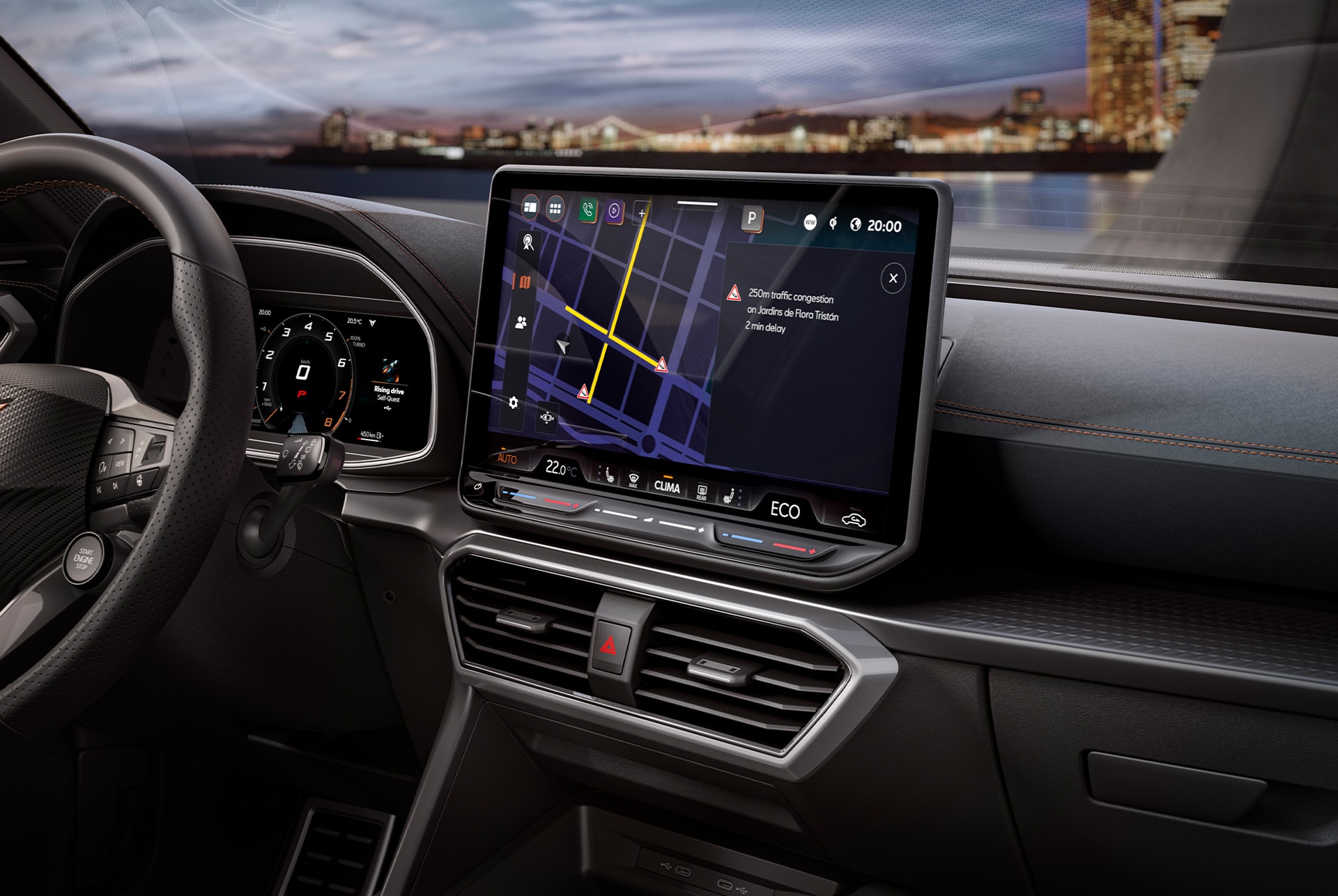 Innenansicht eines CUPRA Fahrzeugs mit dem Infotainment-System und der EV Charging-Karte auf dem Bildschirm. Das System hilft Fahrern, Ladestationen zu finden, Echtzeit-Updates zu erhalten und Kundenrezensionen zu lesen.