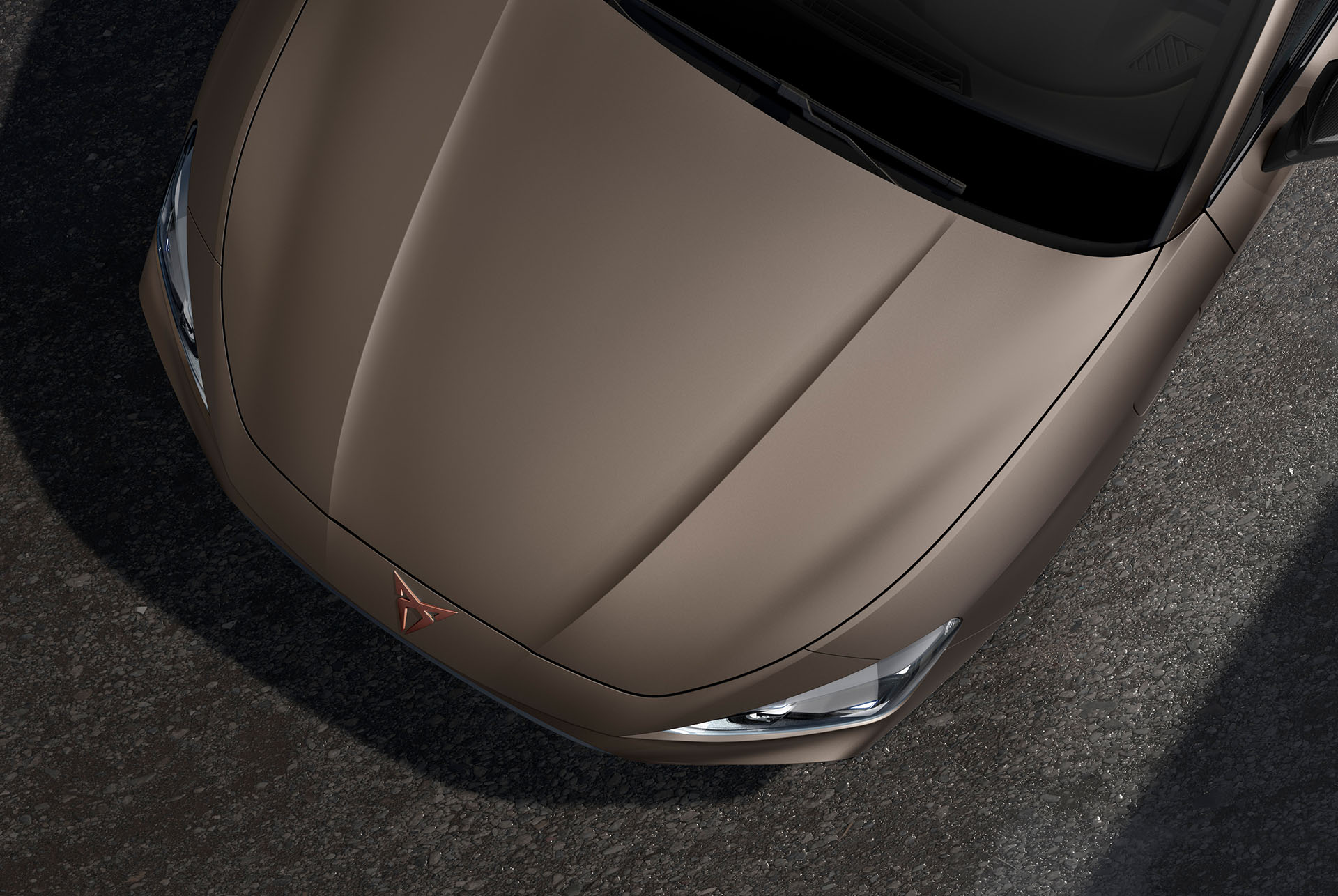 Vogelperspektive einer CUPRA Leon Motorhaube in Century Bronze.
