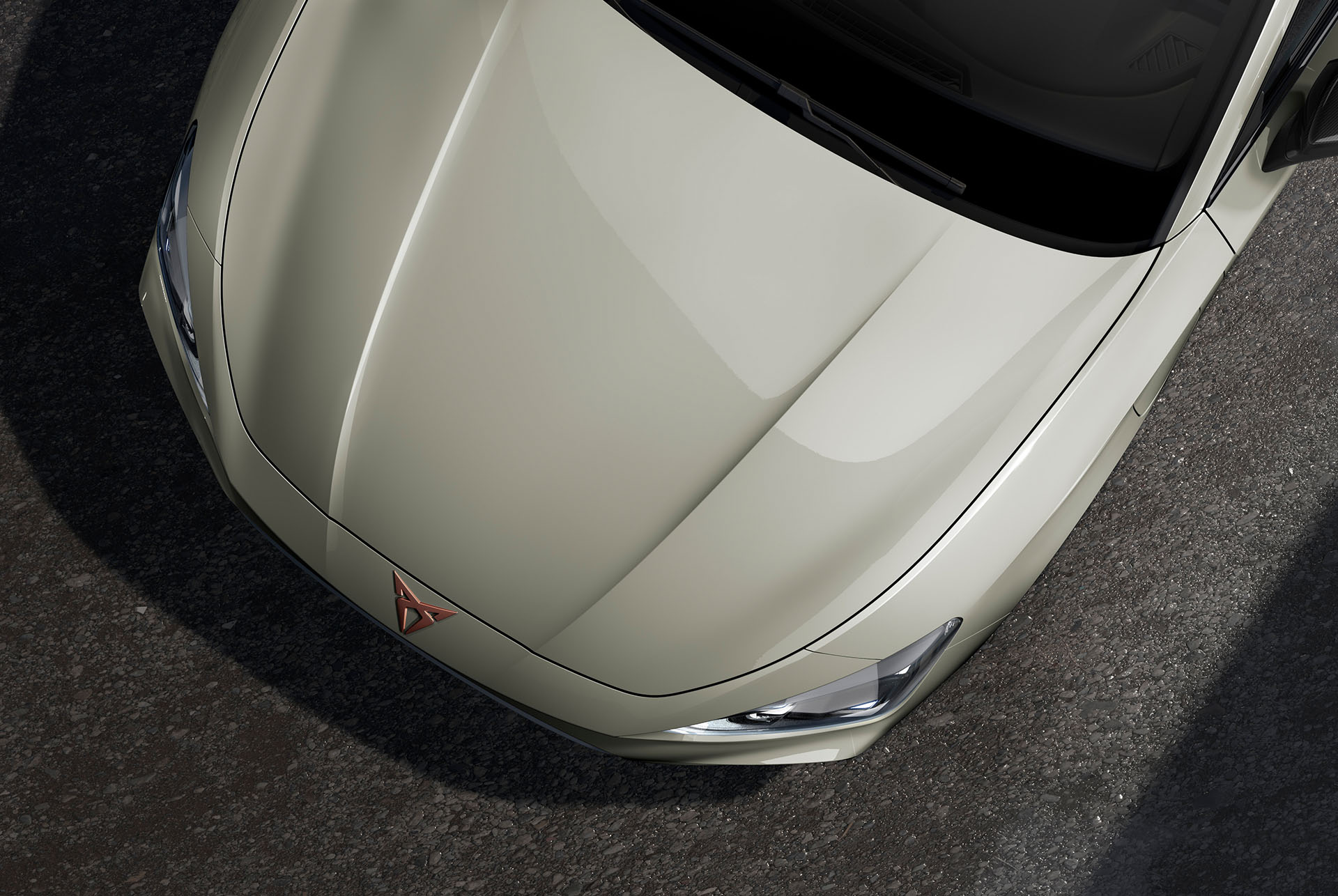 Vogelperspektive einer CUPRA Leon Motorhaube in Taiga Grau Metallic.