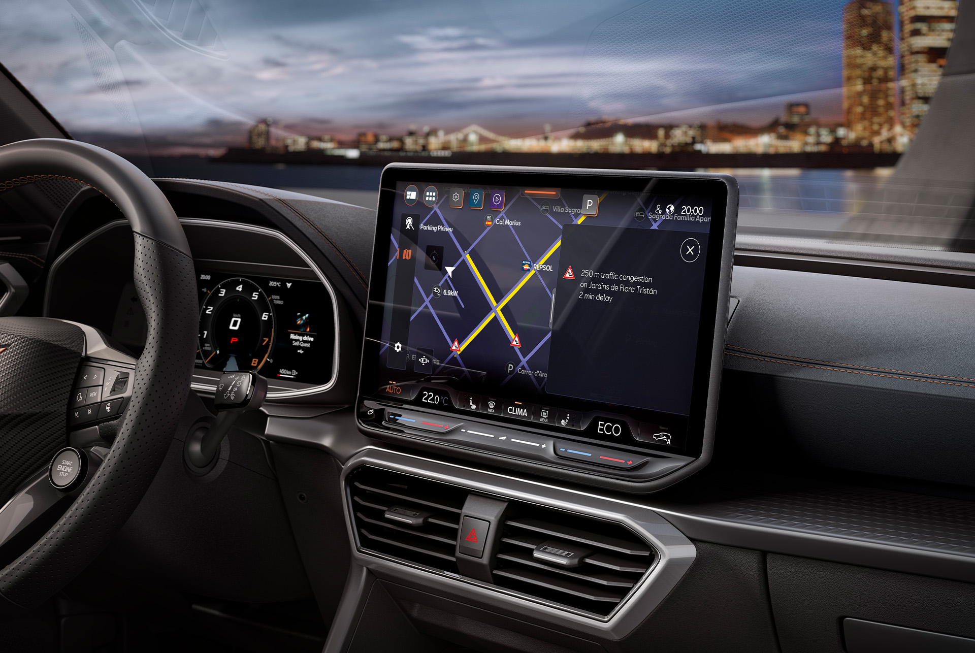 Infotainment-Bildschirm, Lenkrad, Armaturenbrett und Lüftungsdüsen des neuen CUPRA Leon Hybridfahrzeugs.