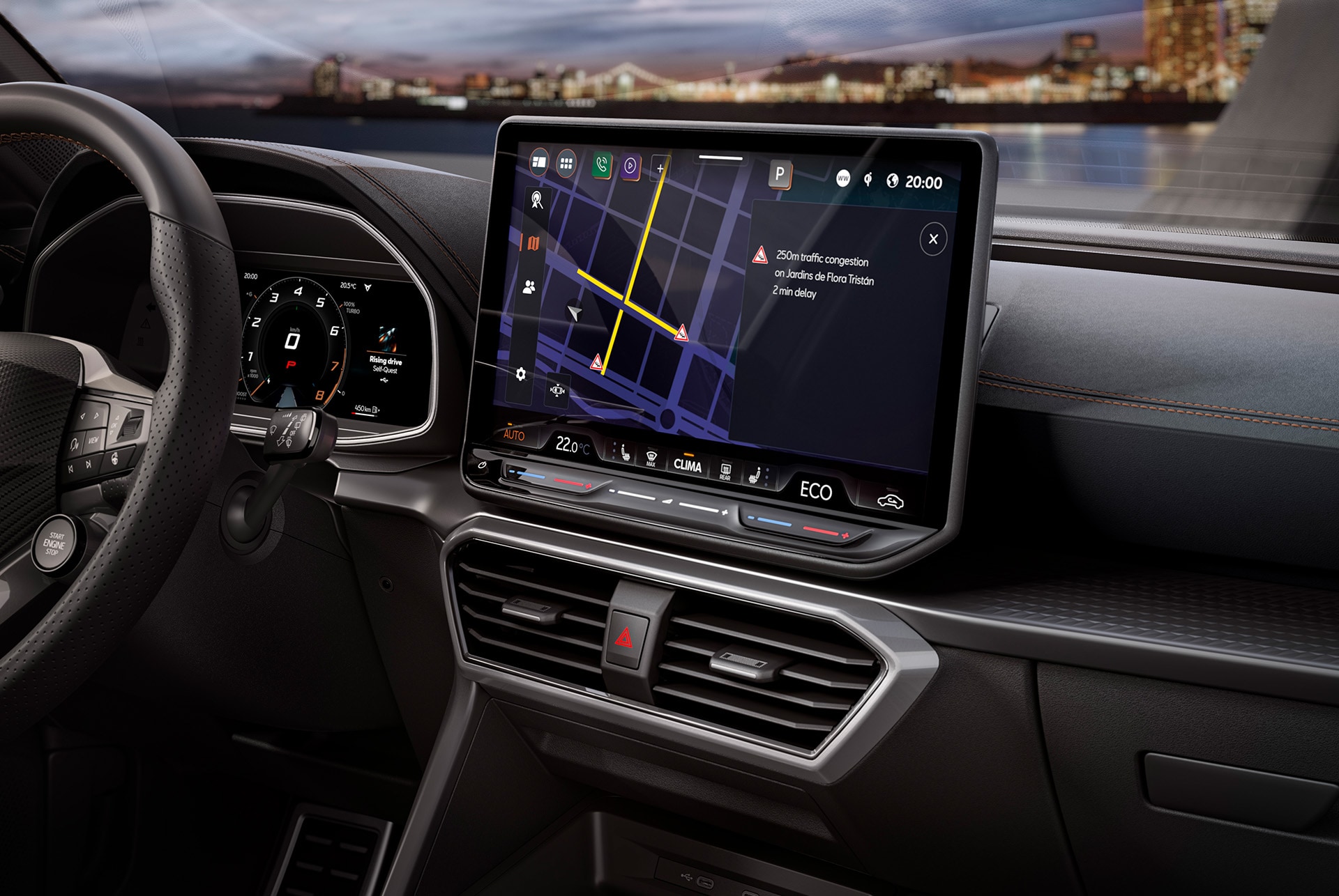 Infotainment-Bildschirm, Lenkrad, Armaturenbrett und Lüftungsdüsen des neuen CUPRA Leon Hybridfahrzeugs.