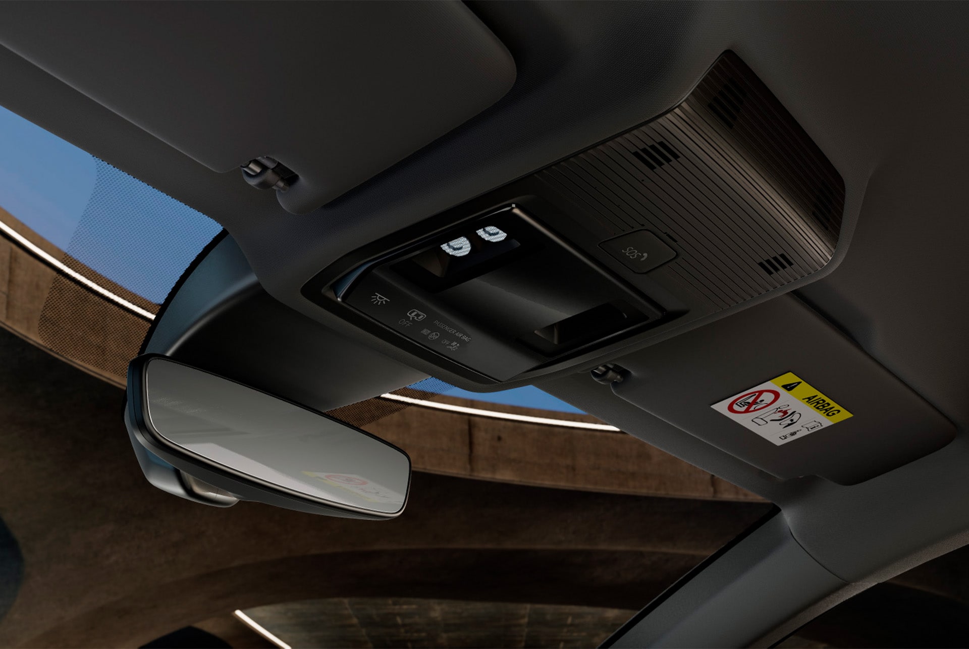 Innenansicht des  CUPRA Leon Sportstourer, zeigt die Overhead-Konsole mit Rückspiegel, LED-Innenbeleuchtung, verschiedenen Bedienelementen und CUPRA-Konnektivitätsfunktionen, einschließlich einer SOS-Notruftaste.