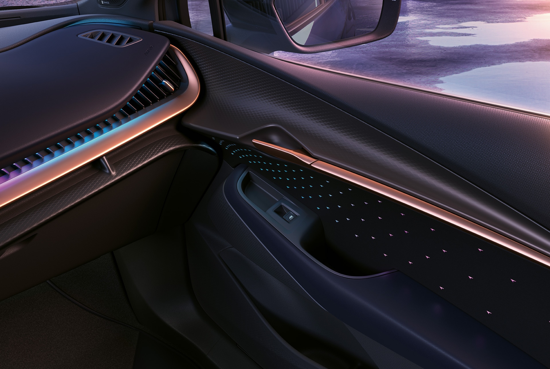 Detailansicht des Smart-Ambiente-Lichts im CUPRA Tavascan, mit hinterleuchteten Dreiecken in der Türverkleidung.
