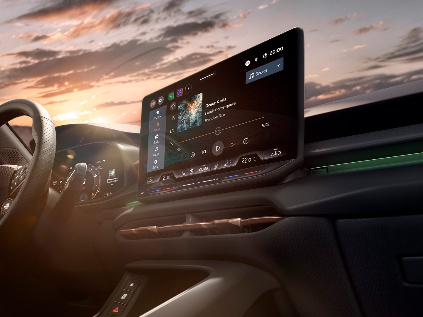 Neuer Innenraum des CUPRA Terramar mit 12,9-Zoll-Infotainmentsystem, Schaltwippen am Lenkrad und Armaturenbrett mit kupferfarbenen Akzenten.