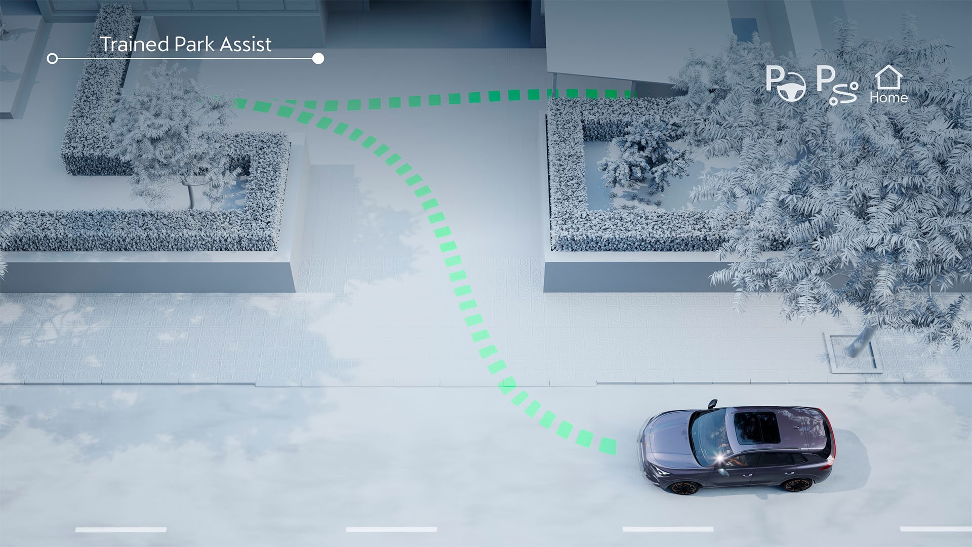 Animation der Funktionen „Intelligente Einparkhilfe“ und „Trainierte Einparkhilfe“ im CUPRA Terramar, die fortschrittliche Fahrerassistenzsysteme für halbautonomes Fahren und Einparken veranschaulicht.