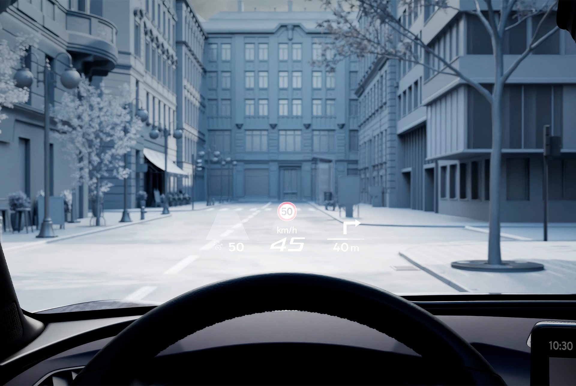  Animation der Head-up-Display-Funktion im CUPRA Terramar, die relevante Informationen zeigt, die auf die Windschutzscheibe projiziert werden.