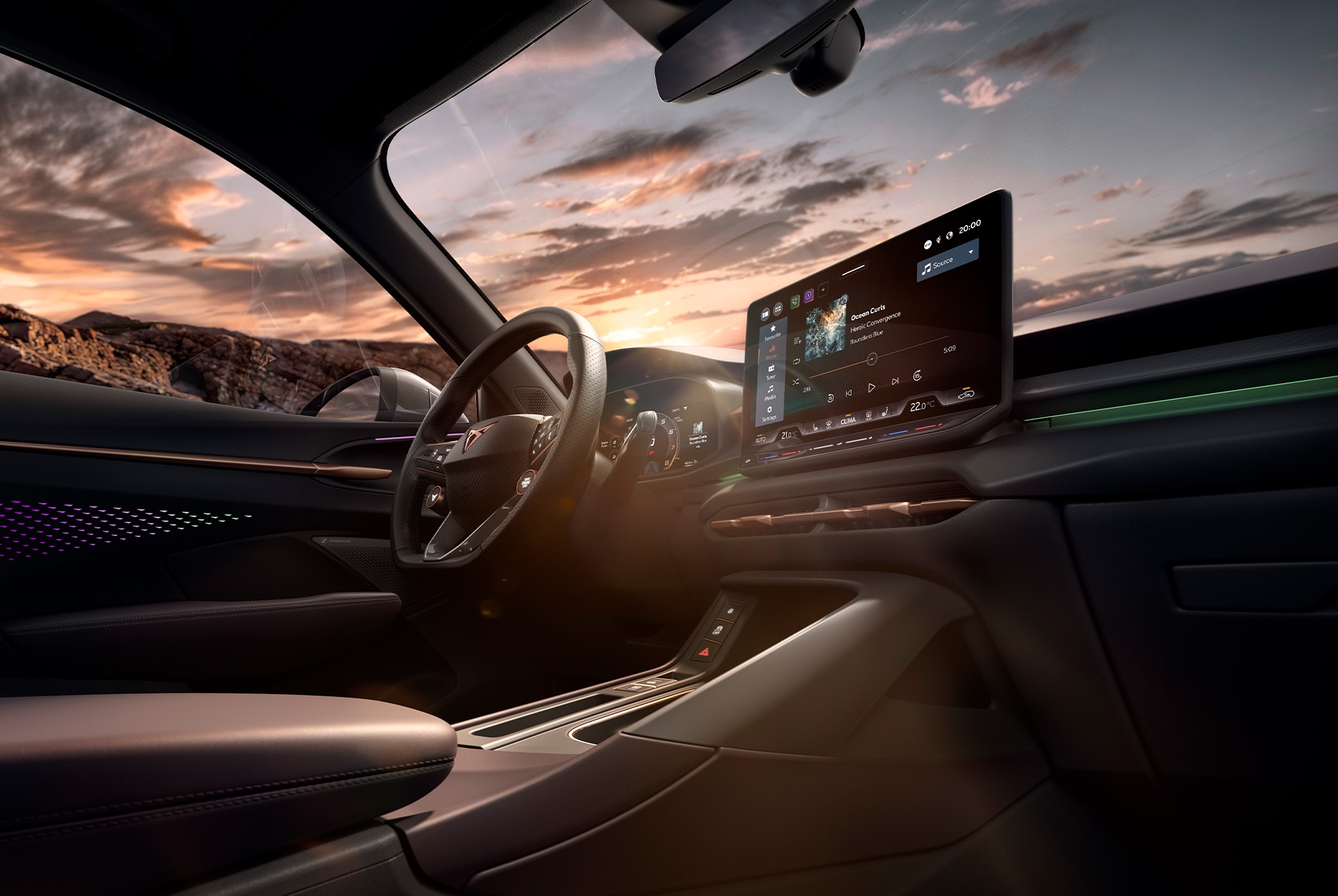 Nahaufnahme des lederbezogenen Multifunktions-Sportlenkrads im Cupra Terramar mit integrierter Heizung und Tiptronic-Funktion.