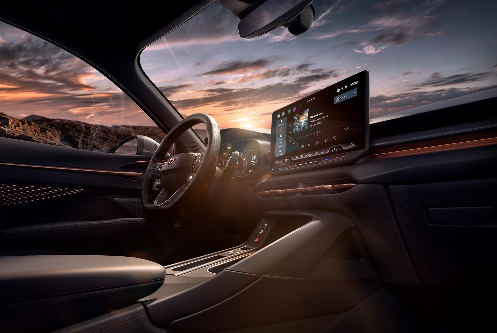 cupra terramar 2024 innenraumtechnik mit 12,9-zoll-infotainment-system, beheiztem lenkrad mit satellitentasten und einer mittelkonsole. ansicht des armaturenbretts.