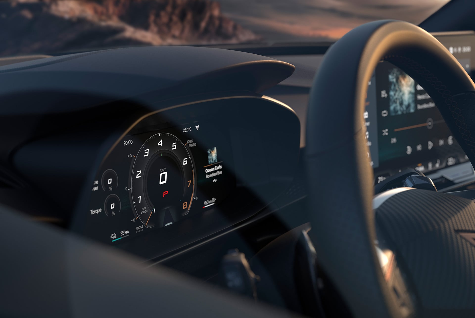 Digitales Cockpit des CUPRA Terramar mit zentralem Drehzahlmesser – sportlich fokussiertes Fahrerdisplay mit klarer Performance-Anzeige.