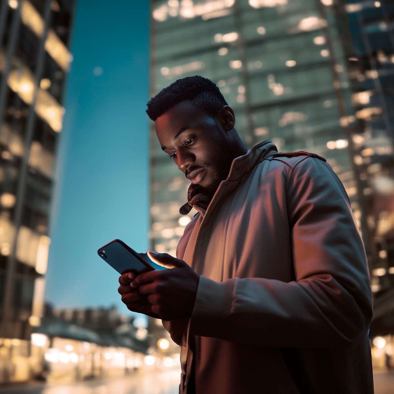 Ein Mann steht in einer beleuchteten Stadt in der Abenddämmerung und benutzt sein Smartphone, um die my CUPRA App herunterzuladen, die Zugang zur CUPRA Ladekarte bietet, um Ladestationen zu finden.