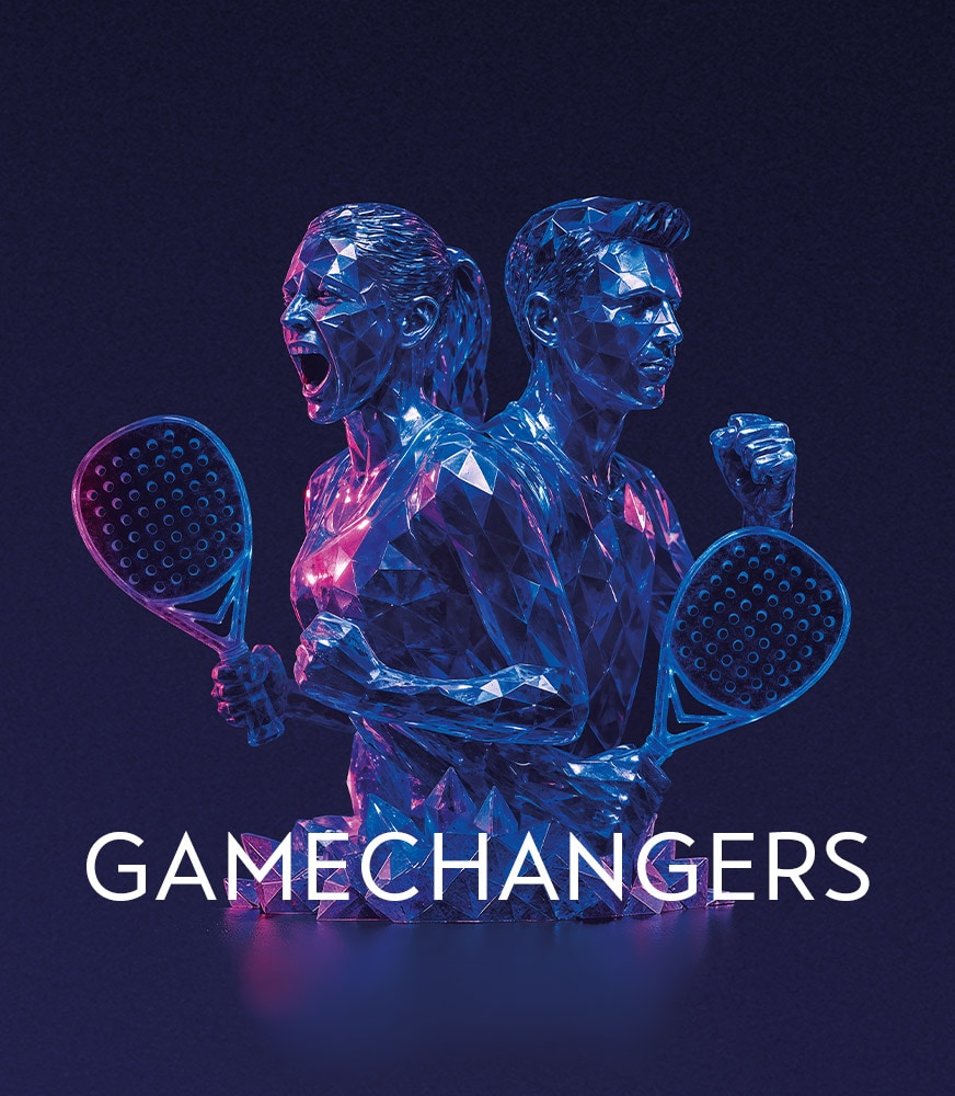 Zwei stilisierte Padel Spieler:innen jubeln im Zuge der CUPRA Padel Gamechangers Challenge